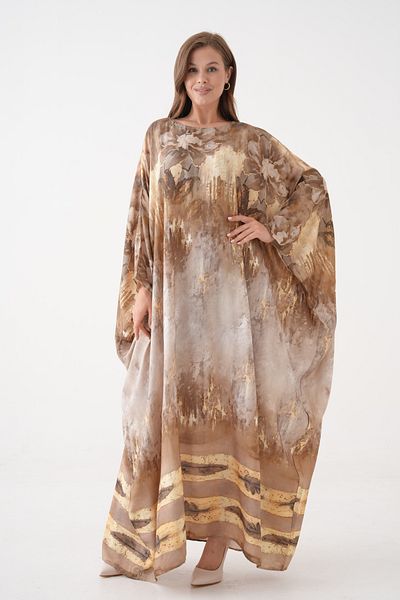 barış sülün lovebox Women's Brown Tie Dye Patterned Loose Cut Bat Sleeve Oversize Maxi Dress 4006