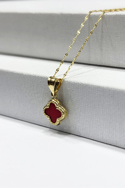 DİAMİNE PIRLANTA 14 Ayar Altın Aynalı Zincir Kırmızı Taşlı Yonca Kolye