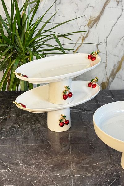 MAY HOME 2-Piece Cherry Figured Boat Porcelain Footed Presentation Plate & Salad Appetizer Serving Stand