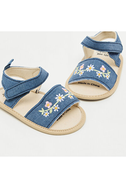 Juniors Floral Embroidered Sandals with Hook and Loop Closure