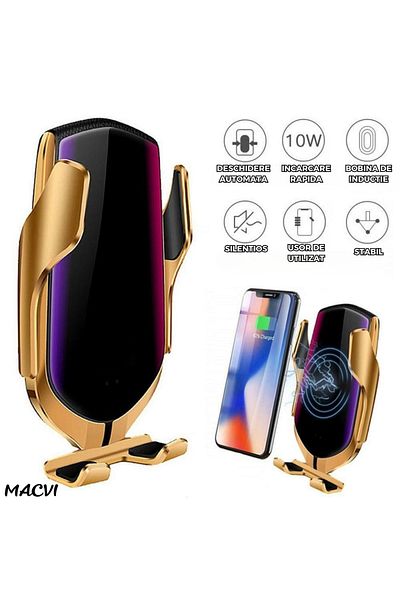 MACVI Suport Auto Macvi® pentru Telefoane, Wireless si Smart Sensor R1, USB, Functie Fast Charge