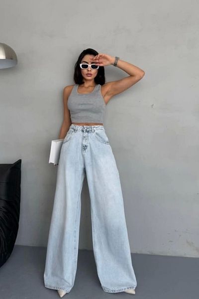 Tam12den Home Women's High Waist Wide Baggy Leg Jean Jeans Pants Ice Blue