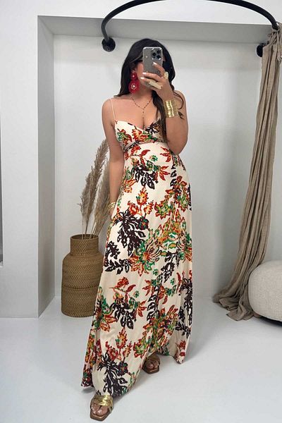 Sohotique By P Patterned Viscose Dress with Rubber Rope Straps Ecru-Red