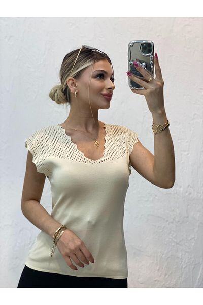 ASEZ BUTİK Asez Boutique Women's V-Neck Hole Openwork Seasonal Knitwear Blouse