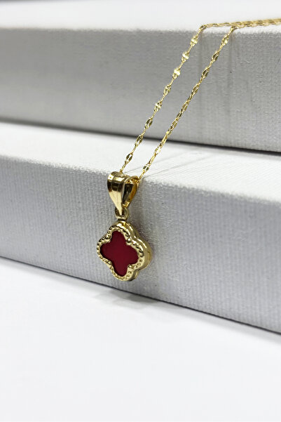 DİAMİNE PIRLANTA 14 Ayar Altın Aynalı Zincir Kırmızı Taşlı Yonca Kolye