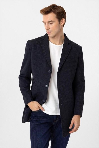 SÜVARİ Μονόχρωμο παλτό με μοτίβο Navy Blue Slim