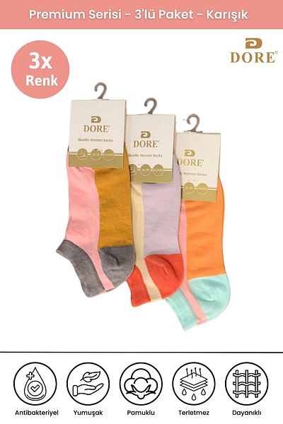 Dore Original Women's 3 Pairs Breathable Ultra Soft Comfort Model Sports Shoes Sneaker Colorful Booties Socks