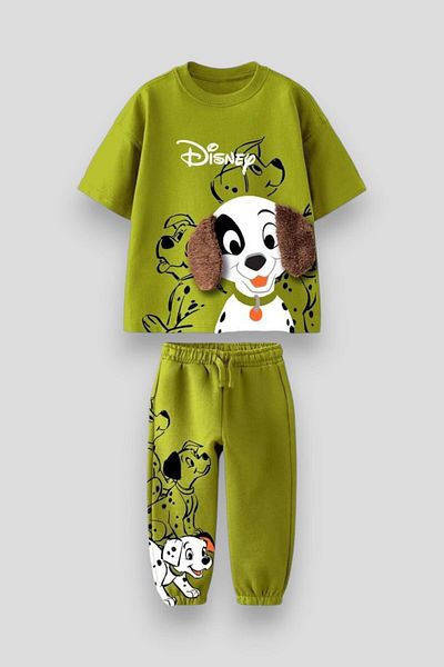 Magu Boy's Cotton Green Disney 101 Dalmatians Themed T-Shirt and Sweatpants Set - Plush Ear Detail