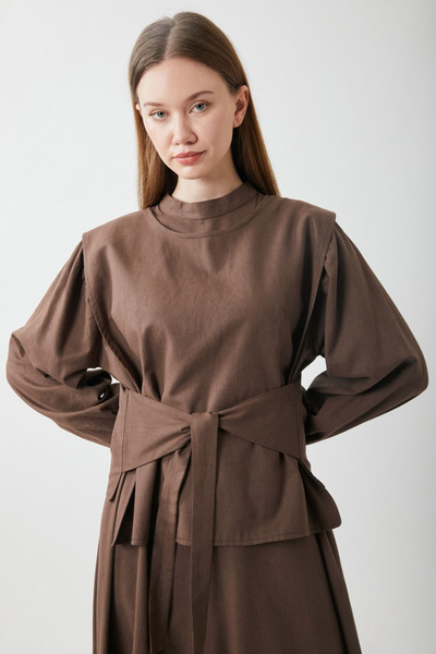 ZÜLAYS Yeleği Bağlamalı Elbise Takım Kahverengi