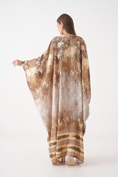 barış sülün lovebox Women's Brown Tie Dye Patterned Loose Cut Bat Sleeve Oversize Maxi Dress 4006