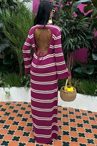 RICHMOST Striped Patterned and Backless Spanish Sleeve Crew Neck Women's Knitwear Long Dress Plum- Ecru
