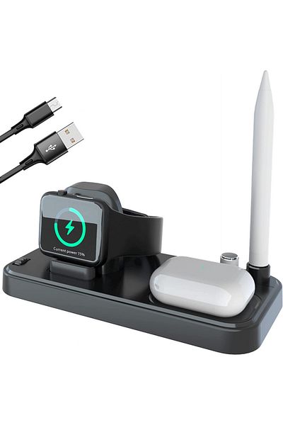 AiteFeir Stație de încărcare wireless 3 în 1 pentru Apple Watch Airpods Pencil, USB, Negru