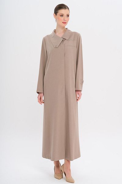 Olcay Wzór kołnierza chusteczki i szczegółowy kamień bez podszewki Plus Size Coat VİZON 6714