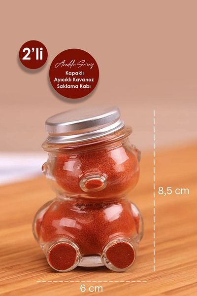 Anadolu Saray Set of 2 Teddy Bear Jar with Glass Lid Decorative Glass Jar Teddy Bear Spice Jar Storage Container