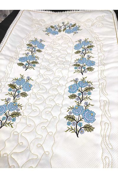 İNCİ MABEL BUTİK Cross Stitch Embroidered Etamine Fabric Single Prayer Rug - Blue