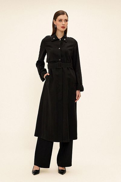 Olcay Modal Trench Coat ΜΑΥΡΟ 6717 με λεπτομέρεια ραφής με αντίθεση