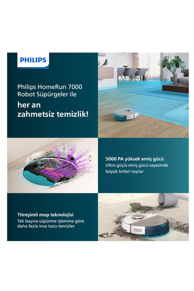 Philips 5000Pa HomeRun 7000 Serisi Aqua İstasyonlu robot, Halı tanıma +Titreşimli Mop