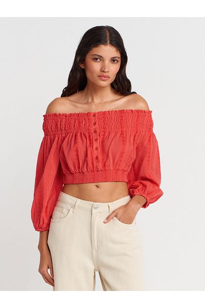 Dilvin 50258 Off-The-Shoulder Buttoned Top-Red