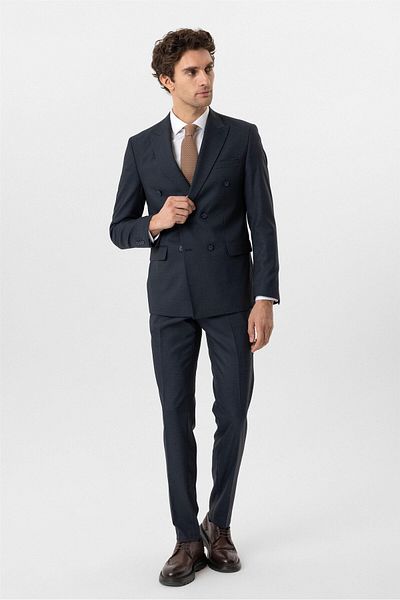 SÜVARİ Navy slim fit patterned pointed collar 6 drop classic suit