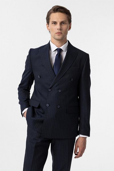 SÜVARİ Süvari Slim Fit Navy Blue Double Breasted Striped Suit