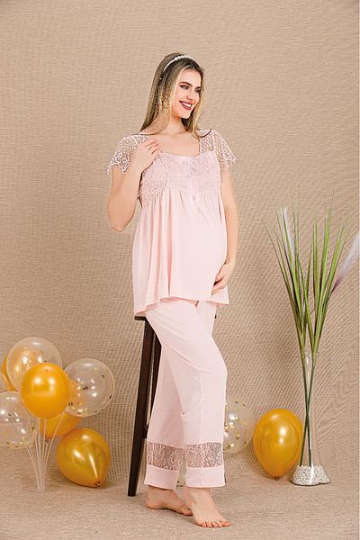 Lady Lingerie Button Collar Short Sleeve Lace Detailed Maternity-Pregnant Pajama Set