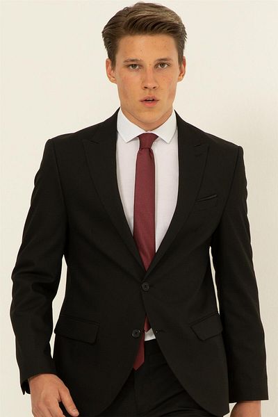 SÜVARİ Black Slim Fit Dobby Pointed Collar 6 Drop Suit