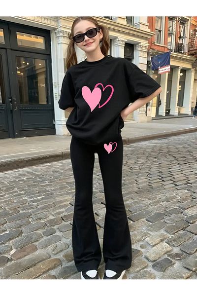 LOUİSA Girl Pink Hearts Printed Black T-Shirt-Black Flared Leggings Set