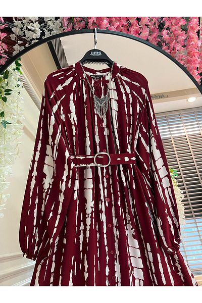 PİNK FLY Women's Pattered Loose Model Button Detail Dress