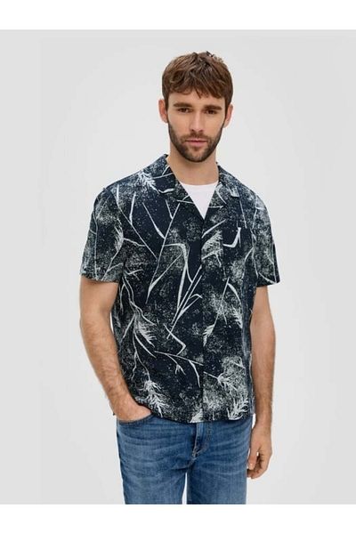 s.Oliver Men's Short-sleeved Shirt, Floral Print And Resort Fit Cut, Dark Navy