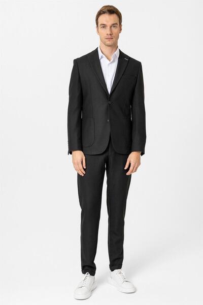 SÜVARİ Siyah Slim Fit Desenli Sivri Yaka 6 Drop Spor Takım Elbise