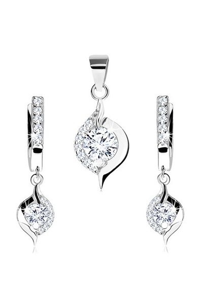 Sterling Silver Set din argint 925, pandantiv şi cercei, picătură cu un zirconiu rotund, transparent