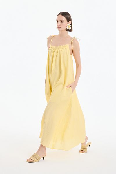 Quzu Seersucker Long Dress with Binding Rope Straps Yellow