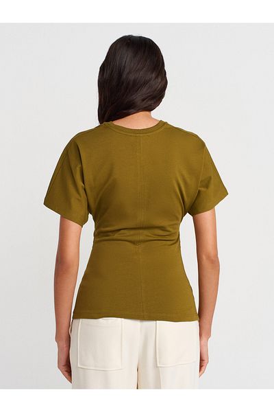 Dilvin 31585 Drape Detailed T-Shirt-Dark Green