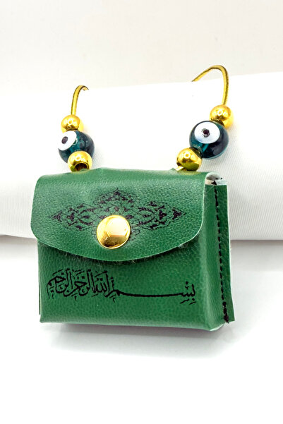 biuti Cam Zümrüt Yeşili Nazarlı Deri Çantalı Mini Kur'an-ı Kerim Lastikli Ara...