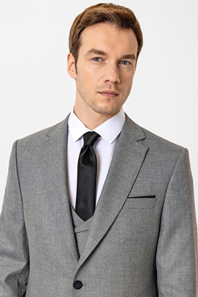 SÜVARİ Antrasit Slim Fit Desenli Mono Yaka 6 Drop Yelekli Klasik Takım Elbise