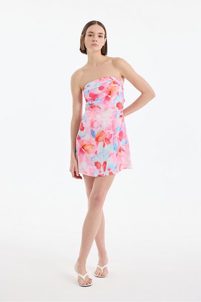 Quzu Rochie mini fără bretele cu imprimeu floral colorat roz