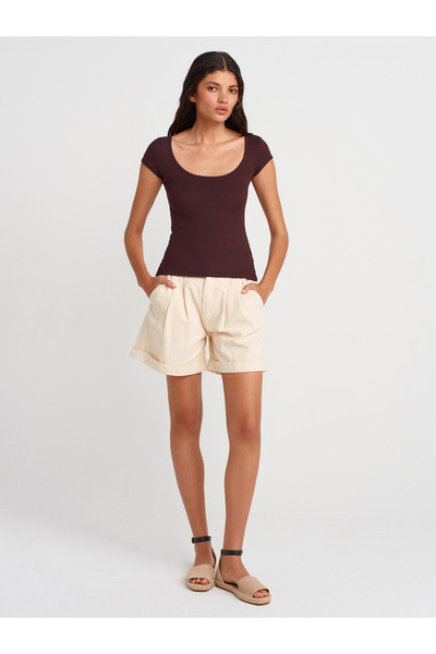 Dilvin 31807 Μπλουζάκι με λαιμόκοψη-Καφέ