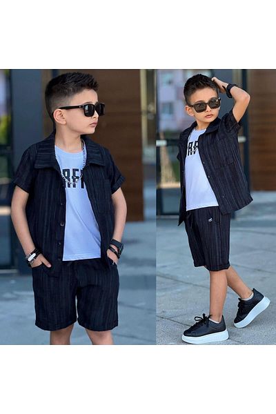 JOYBOY KİDS Pantaloni scurți cu mânecă scurtă cu aspect de in pentru băiat, combinație de 3 piese, cămașă solidă