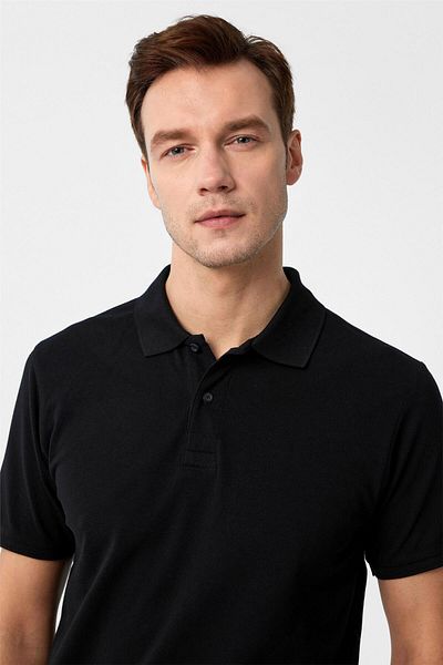 SÜVARİ Черна тениска с поло яка Slim Fit Dobby