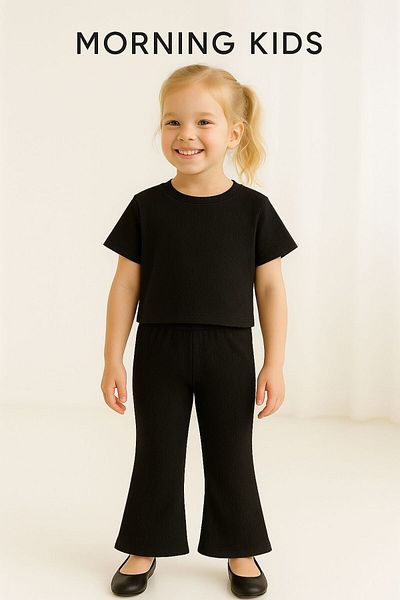LOUİSA Girl's Bürümcük Comfortable Summer Fabric Black T-Shirt-Spanish Leg Trousers Set