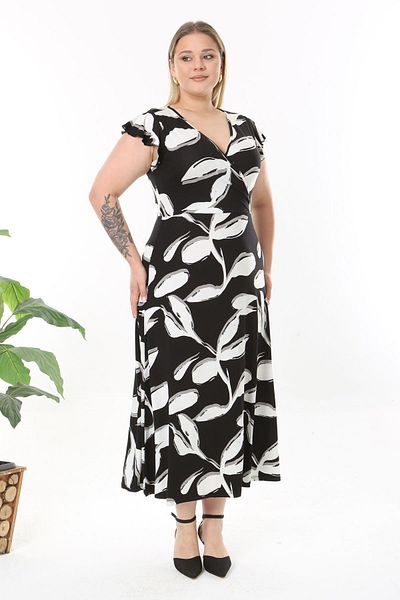 Madwilo Women's Black and White Abstract Pattern Ruffle Sleeve Double Breasted Collar Large Size Maxi Dress