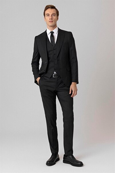 SÜVARİ Siyah Slim Fit Armürlü Sivri Yaka 6 Drop Yelekli Klasik Takım Elbise