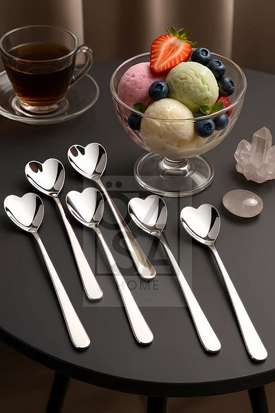 ÖzSa Home Stainless Steel Heart Shaped Ice Cream Cake Dessert Nescafe Coffee Spoon Set of 6 18cm