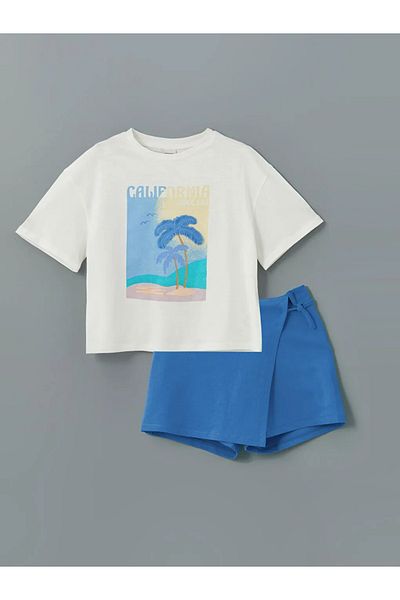 LC Waikiki Lcw Kids Ecru Crew Neck Girls T-Shirt and Shorts Skirt