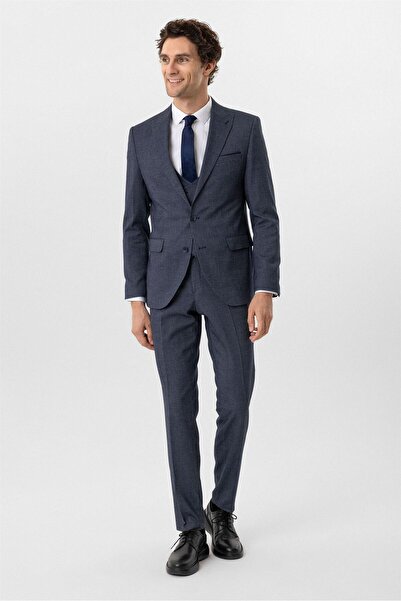 SÜVARİ Lacivert Slim Fit Desenli Sivri Yaka 6 Drop Yelekli Klasik Takım Elbise