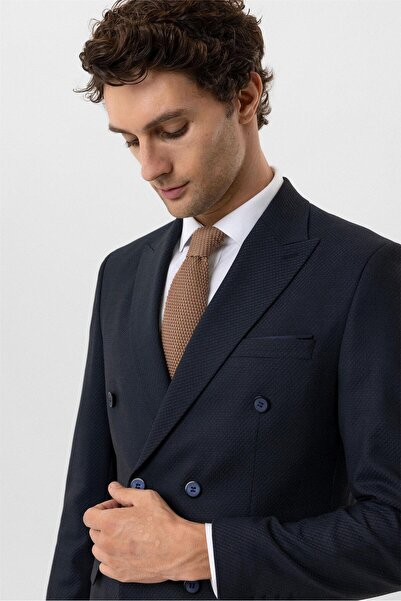 SÜVARİ Lacivert Slim Fit Desenli Sivri Yaka 6 Drop Klasik Takım Elbise