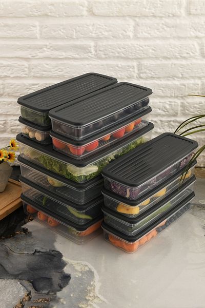 Leila 12 Pcs Anthracite Lid Storage Container, Suitable for Refrigerator Organizer Microwave and Freeze 18Lt