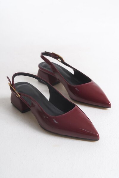Bak Store Cherry Red Claret Red Patent Leather Gold Buckle Detailed Women's Thick Heeled Shoes