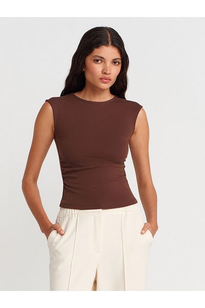 Dilvin 21054 Shirred Basic T-Shirt-Light Brown