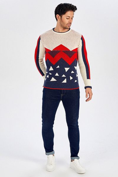 Peraluna Pyramid Patterned Crew Neck Men's Sweater - Multi Color